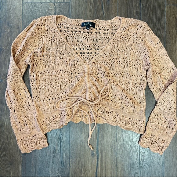 Lulu’s Only Yours Beige Sheer Crochet Ruched Sweater Top SZ LG - Picture 2 of 5